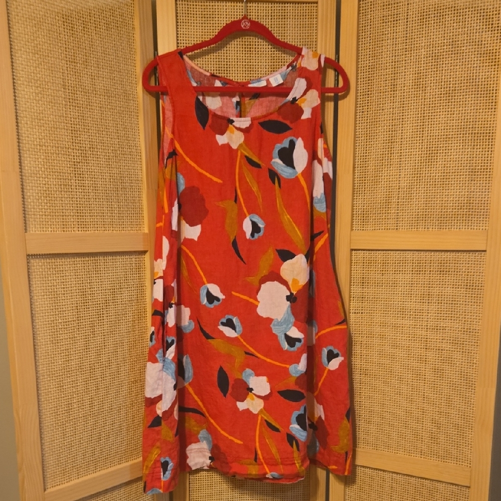 Sigrid Olsen Red Floral Linen Dress Beach Vacation 1X Pockets